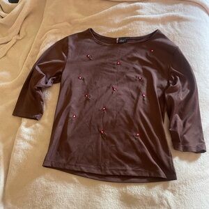 Pinky Brown Blouse with Red Floral Embellishments